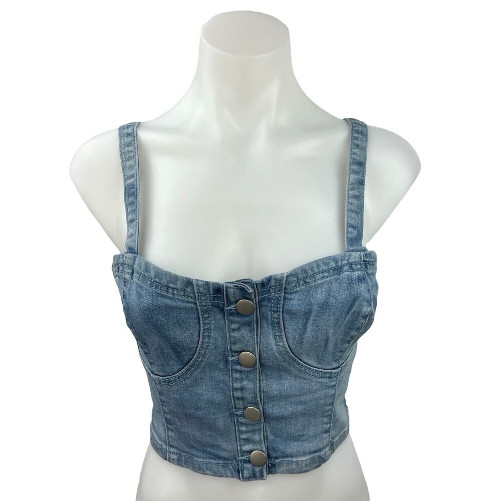 REVOLVE x Superdown Women's Blue Denim Button Sleeveless Cami Tank Crop Top  M